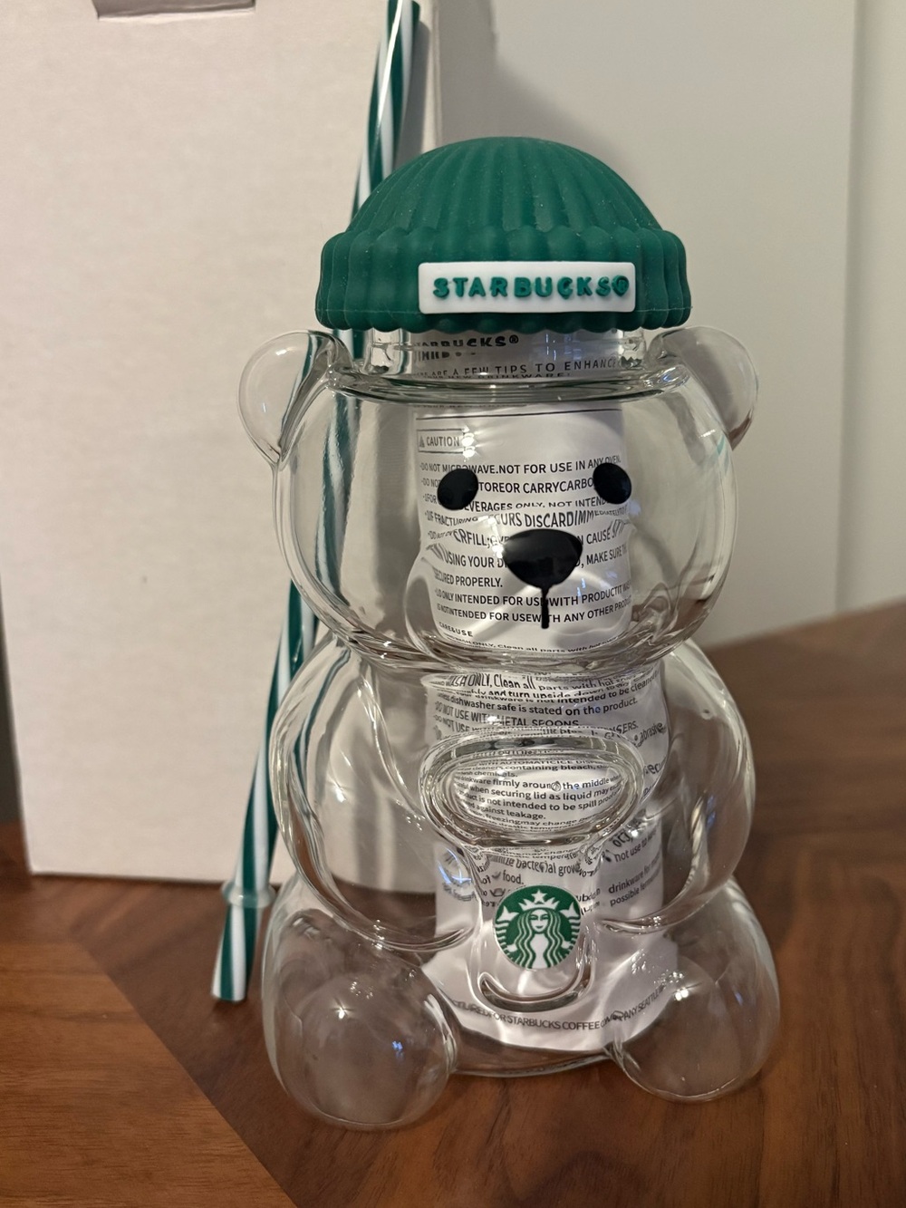 Starbucks Clear Bear Tumbler with Green Beanie and Striped Straw